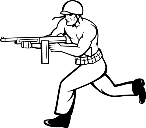480x421 Soldier Running With Tommy Gun Coloring Page Free Printable