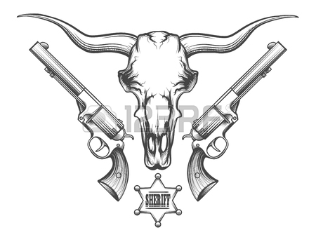 450x338 Bison Skull With Pair Of Revolvers And Sheriff Badge Drawn