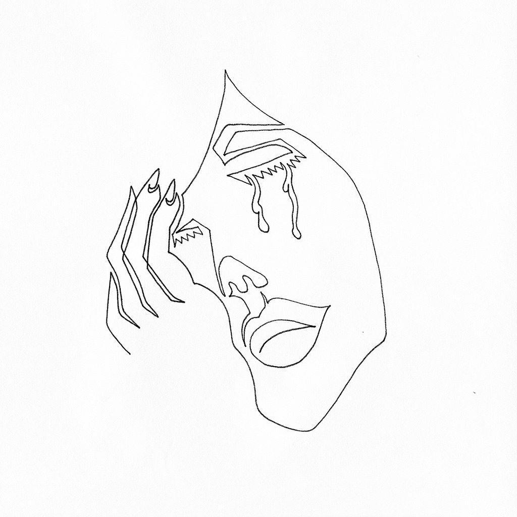 1024x1024 A Single Line Drawing Of A Female Crying Into Her Hand