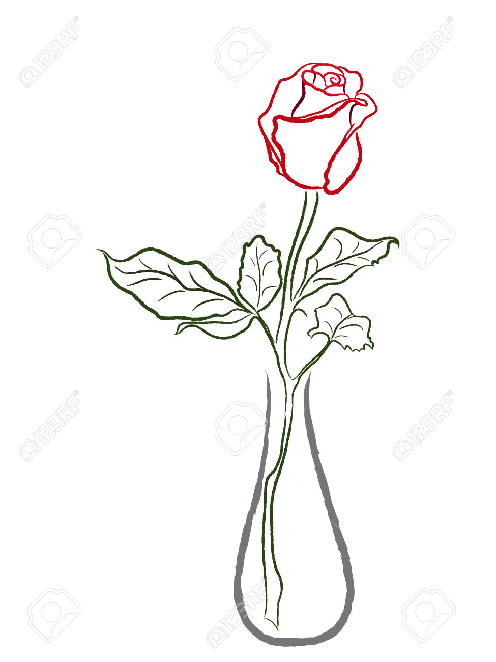 975x1300 Stylized Red Rose In A Vase Isolated On White Background, Hand