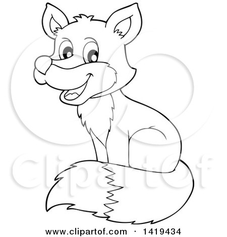 450x470 Clipart Of A Black And White Lineart Happy Cute Fox Sitting