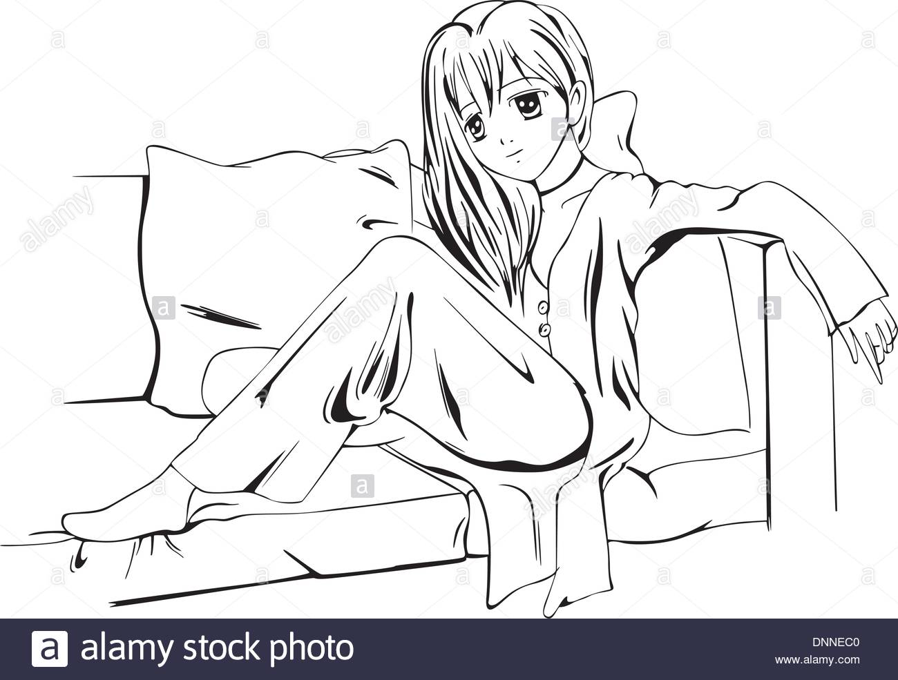1300x985 Anime Girl Sitting On Sofa With Pillows. Black And White Vector