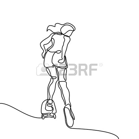450x450 Continuous Line Drawing. Girl Riding A Skateboard. Vector