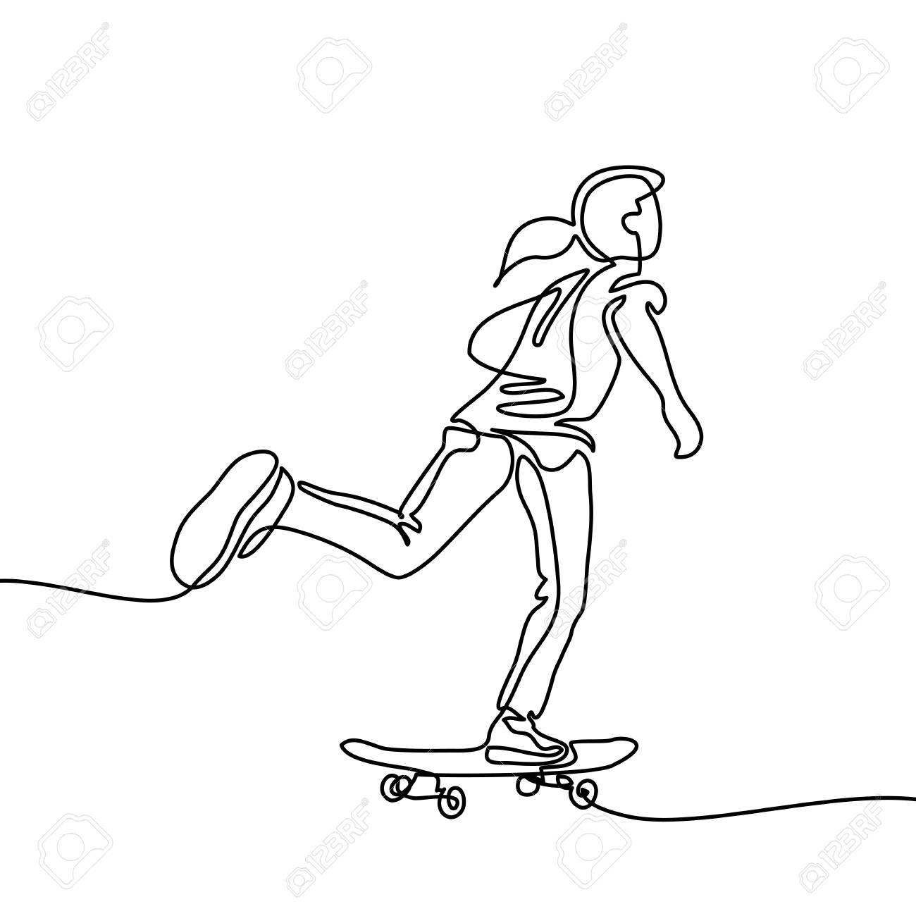 1300x1300 Continuous Line Drawing. Girl Riding A Skateboard. Vector