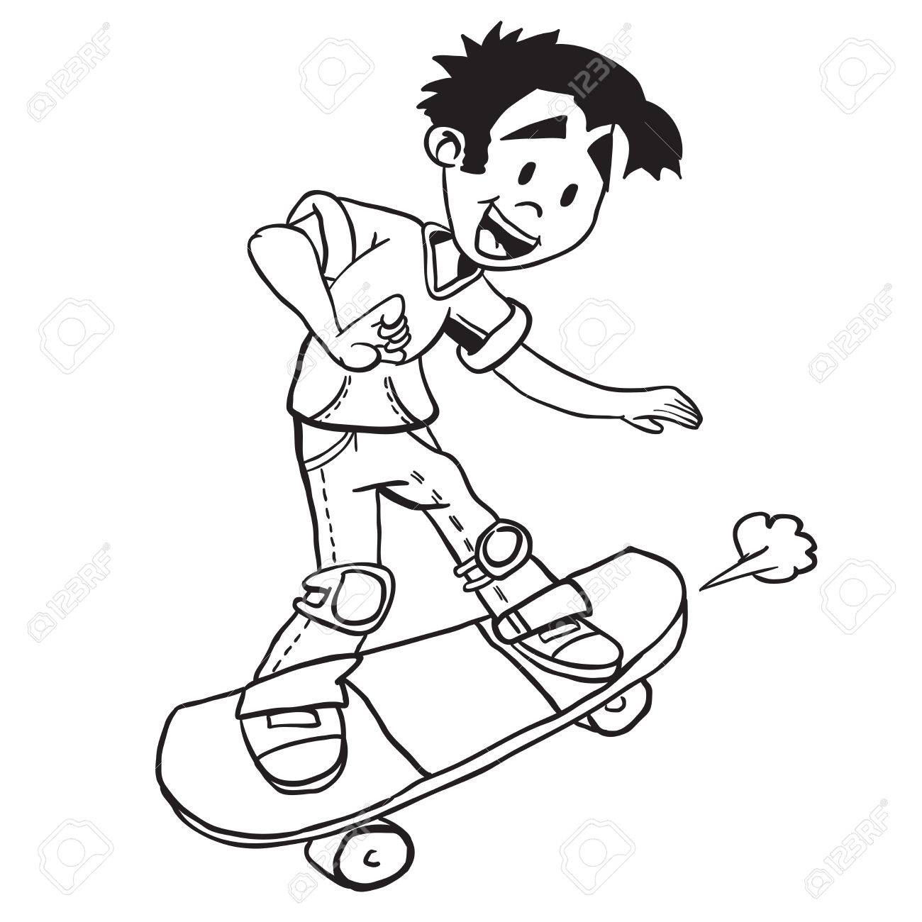 1300x1300 Simple Black And White Boy On Skate Cartoon Royalty Free Cliparts