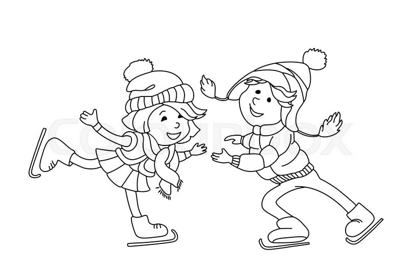 800x533 Boy And Girl Skating On Ice. Outline Cartoon Character