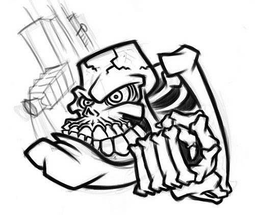 500x422 Evil Cartoon Skeleton With Gun Initial Sketch