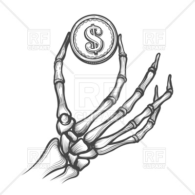 400x400 Skeleton Hand With Coin Hand Drawn Royalty Free Vector Clip Art