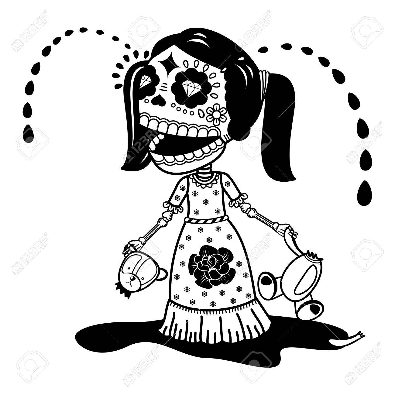 1300x1300 Vector Flatnd Linear Illustration Of Skeleton. Girl Cries
