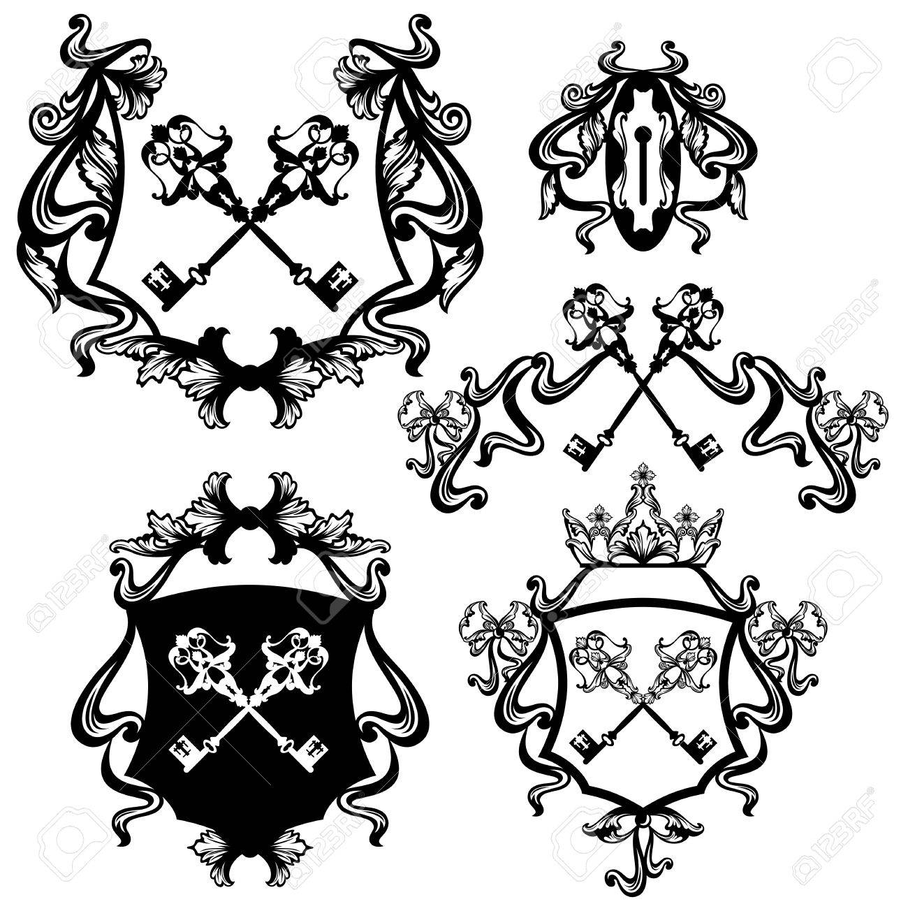 1300x1294 Set Of Skeleton Keys Heraldry With Royal Crown And Ribbon Bows