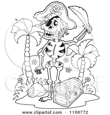 450x470 Clipart Outlined Skeleton Pirate Standing By A Treasure Chest