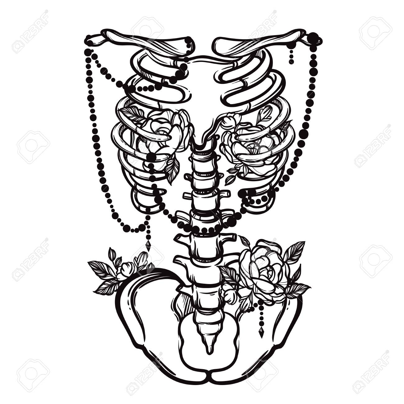 1300x1300 Skeleton Ribs And Flowers. Vintage Vector Illustration. Tattoo