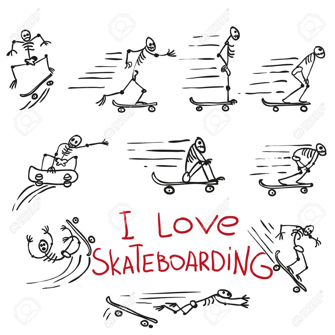 1300x1300 Skeletons Riding On Skateboards. Hand Drawing Vector Doodles