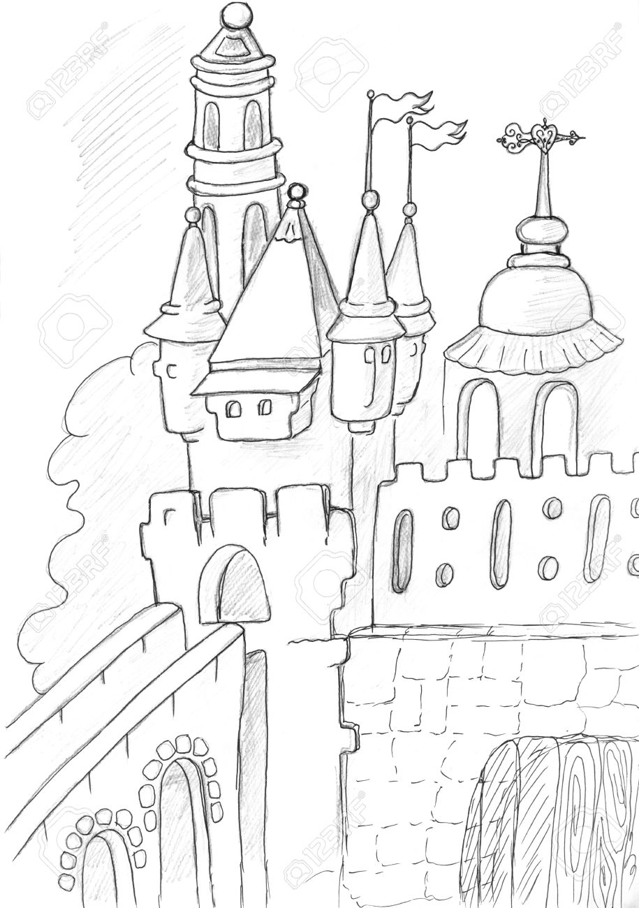 915x1300 Medieval Castle Sketch, Pencil Drawing Stock Photo, Picture
