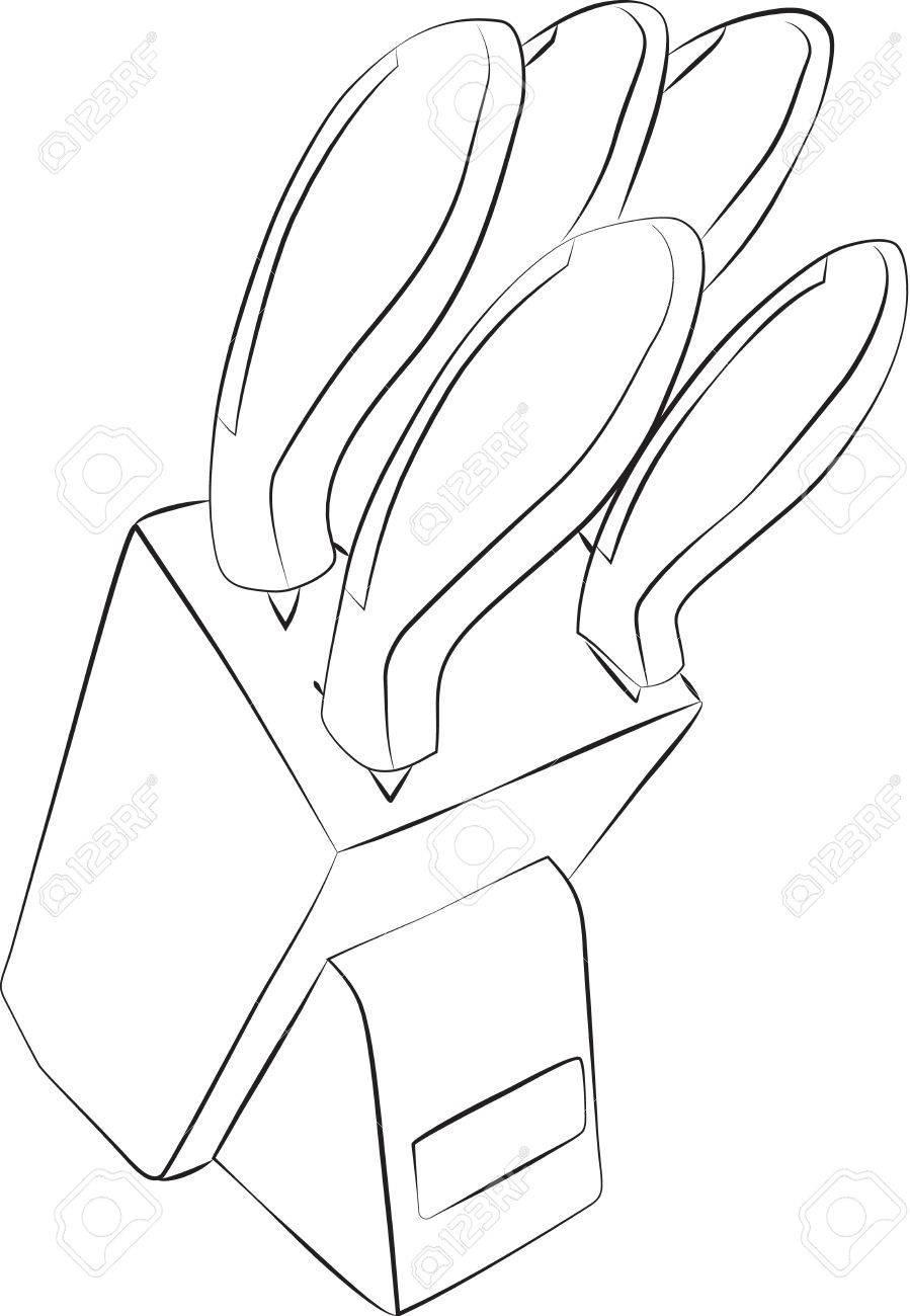 899x1300 Sketched Line Drawing Of A Set Of Knives In A Black Knife Block