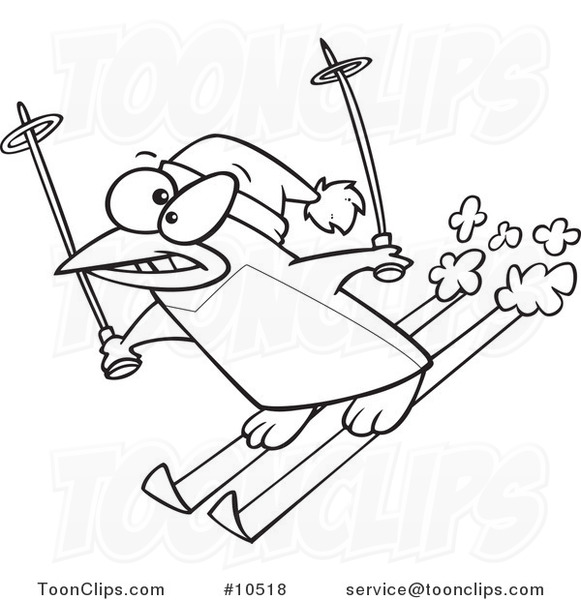581x600 Cartoon Black And White Line Drawing Of A Ski Penguin