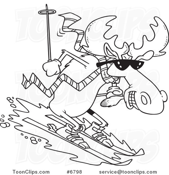 581x600 Cartoon Black And White Line Drawing Of A Moose Skiing Downhill