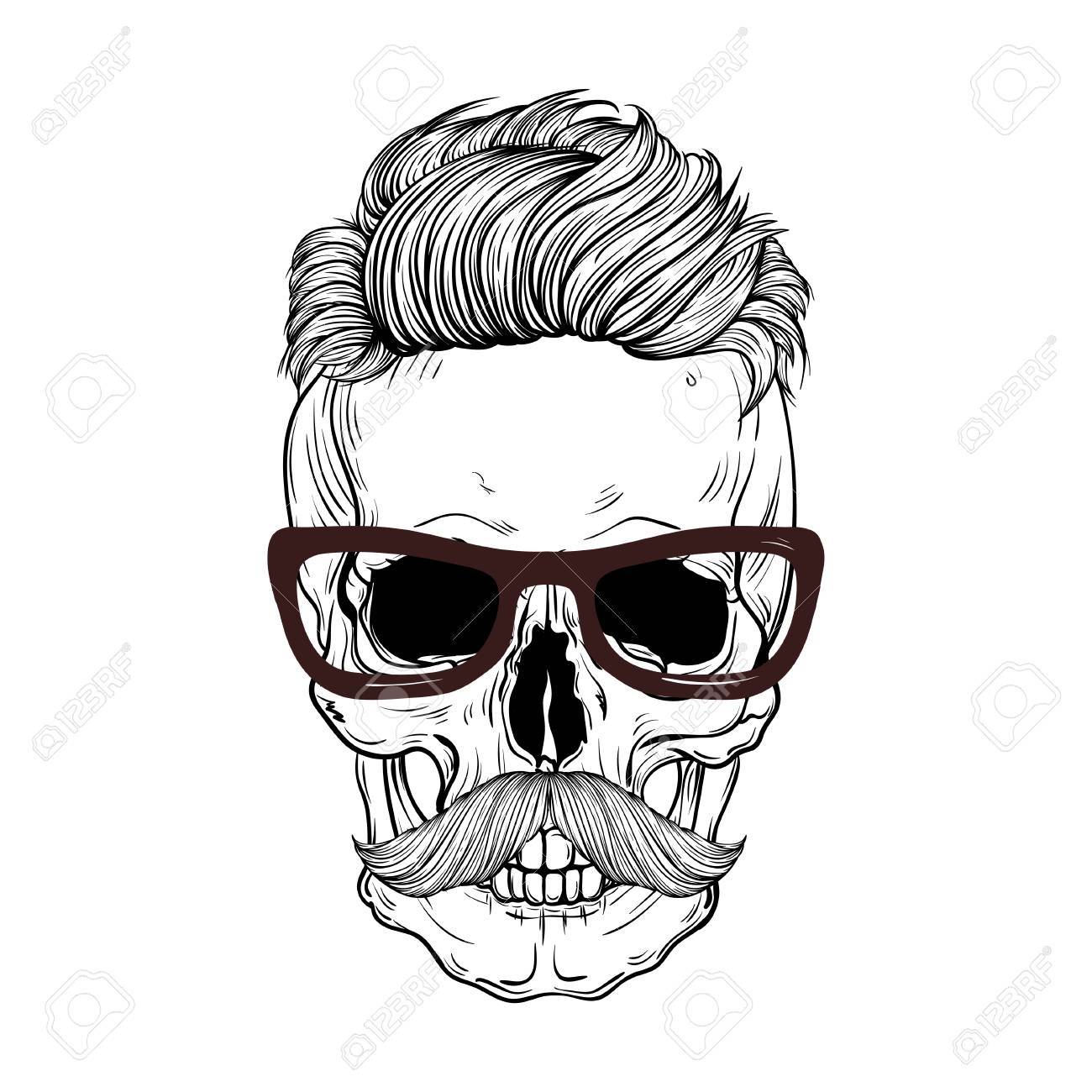 1300x1300 Hand Drawn Anatomy Skull With Mustaches And Hair. Royalty Free