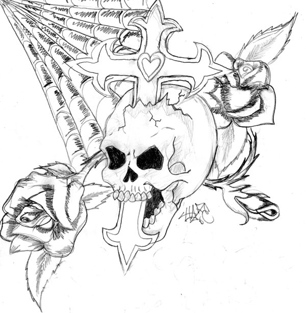 600x614 Skull, Cross, And Rose 2 By Haze510
