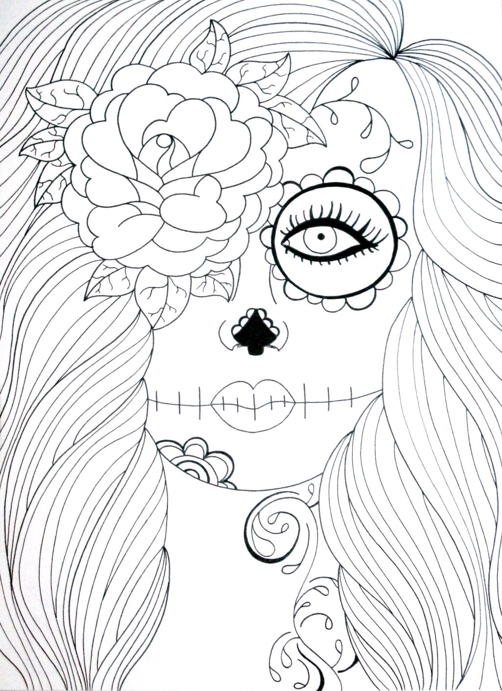 1024x1410 Skull Girl With Rose Lineart By Tonitiger415