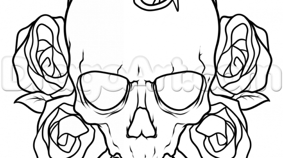 570x320 Drawings Of Roses How To Draw A Skull And Roses Tattoo Step Step