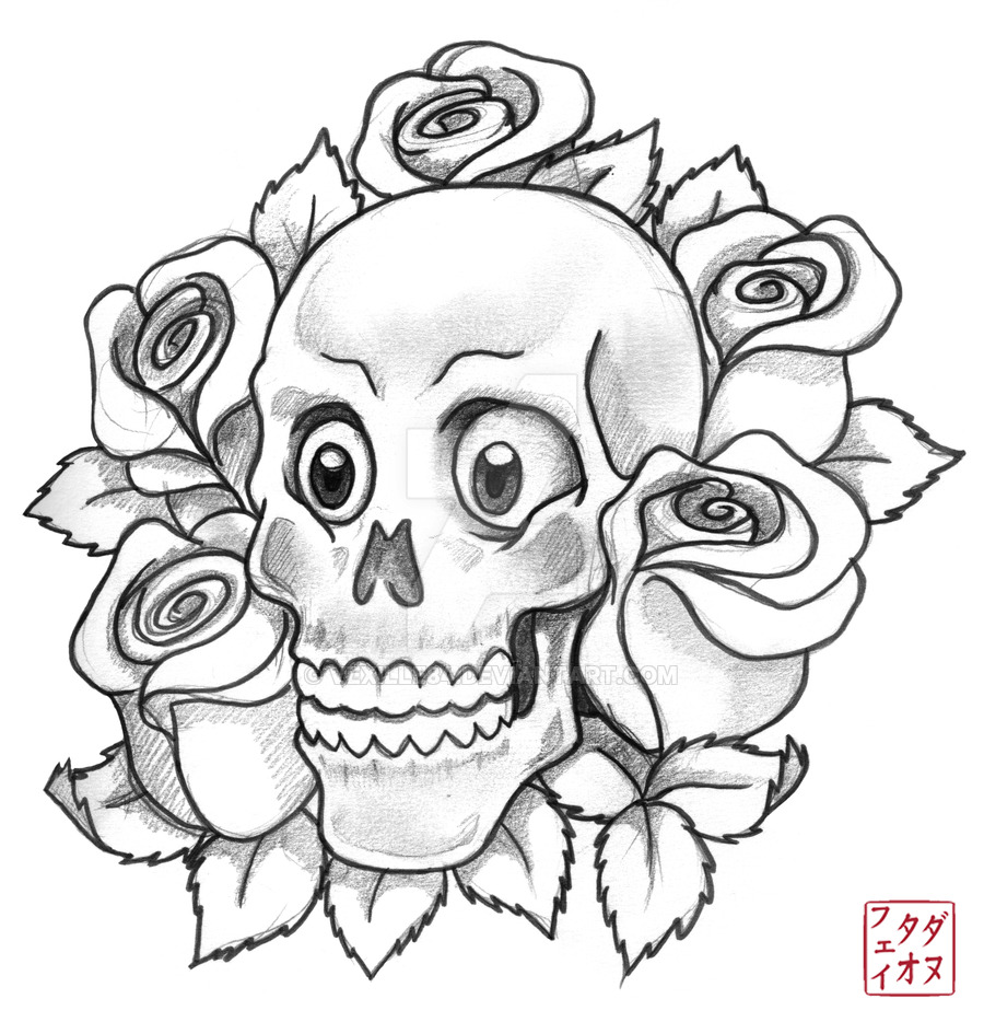 900x934 Skull With Roses Sketch By Vexille84