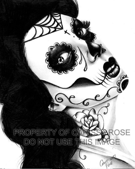 570x713 Day Of The Dead Signed Art Print Sugar Skull Girl Black