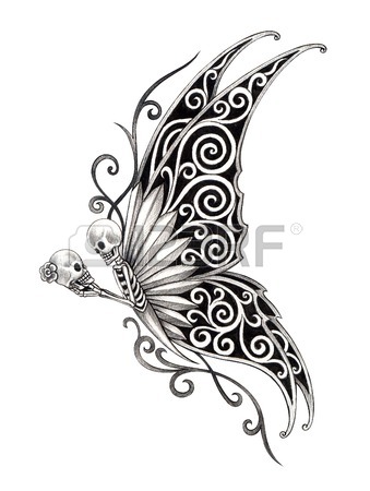 339x450 Art Skull Butterfly Tattoo. Hand Drawing On Paper. Stock Photo