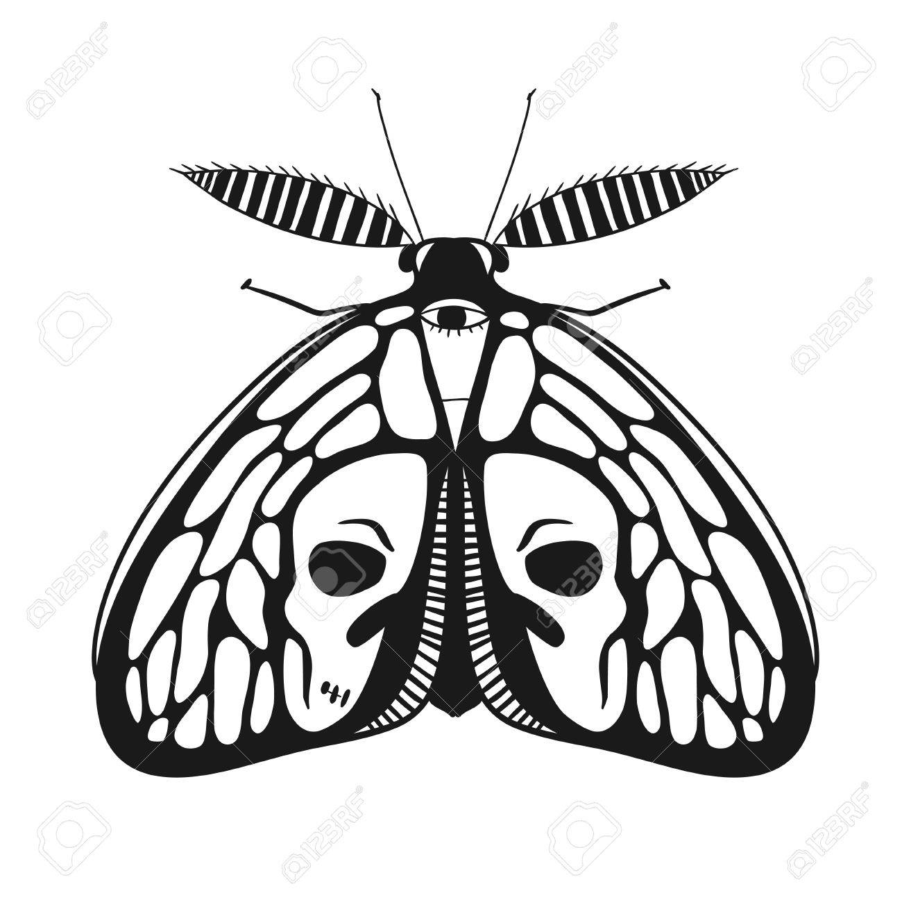 1300x1300 Black And White Mystical Moth With Skull On Wings, Vector