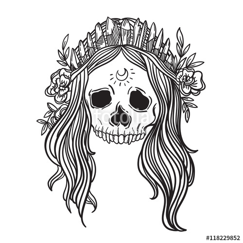 500x500 Human Skull With Flower Wreath And Quartz Crystal Crown. Los