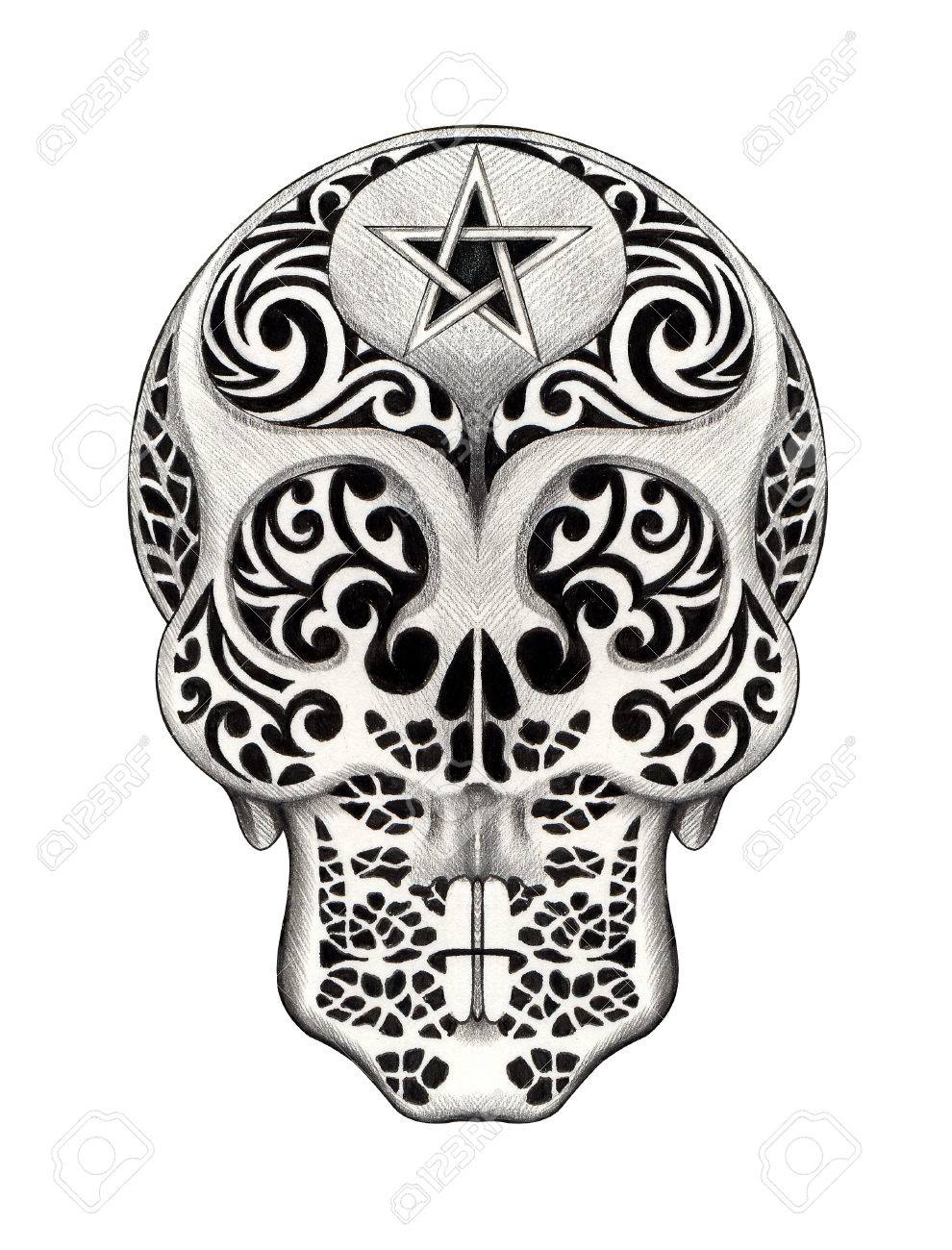 990x1300 Skull Art Tribal Tattoo.hand Pencil Drawing On Paper. Stock Photo