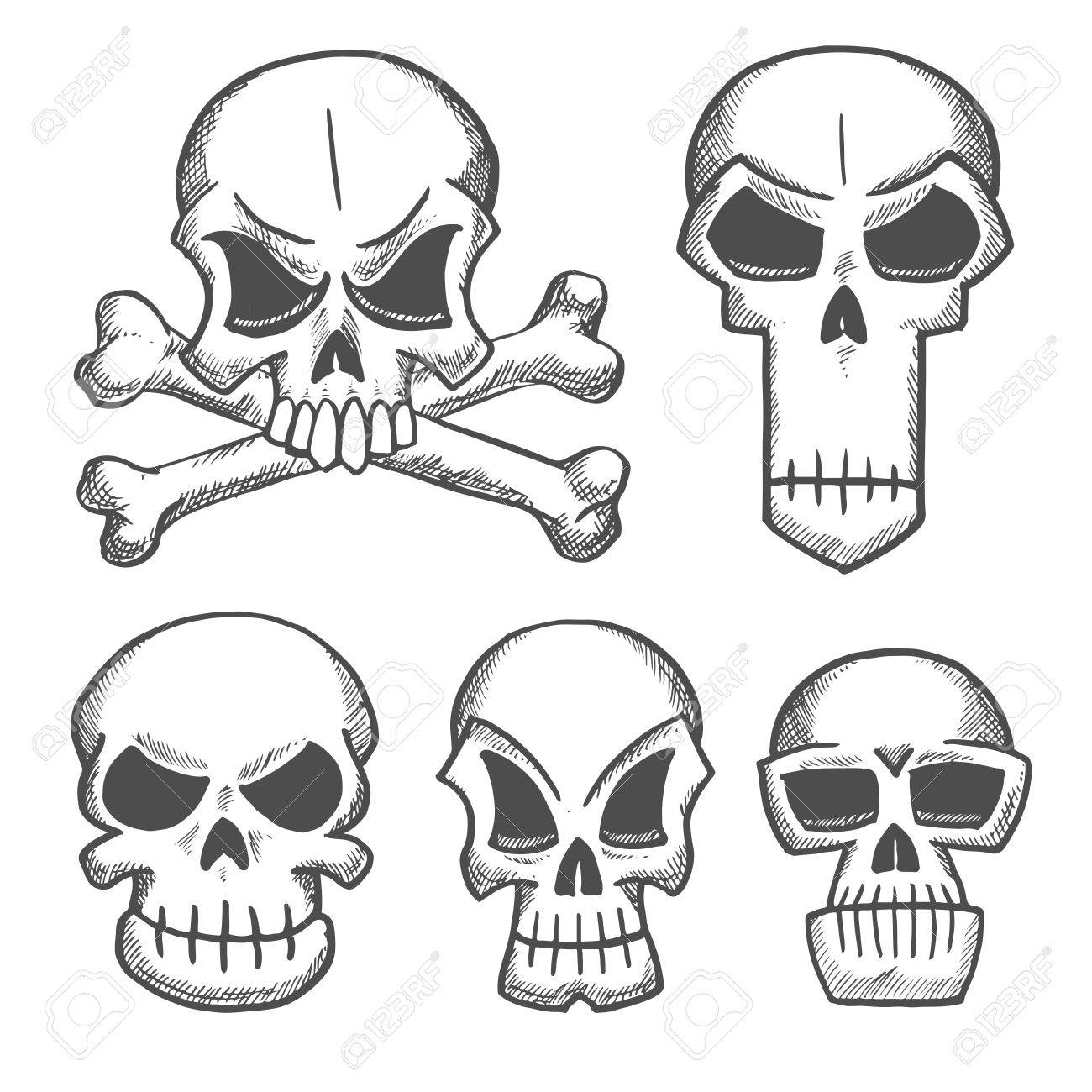 1300x1300 Skulls And Craniums With Crossbones Icons. Vector Pencil Sketch