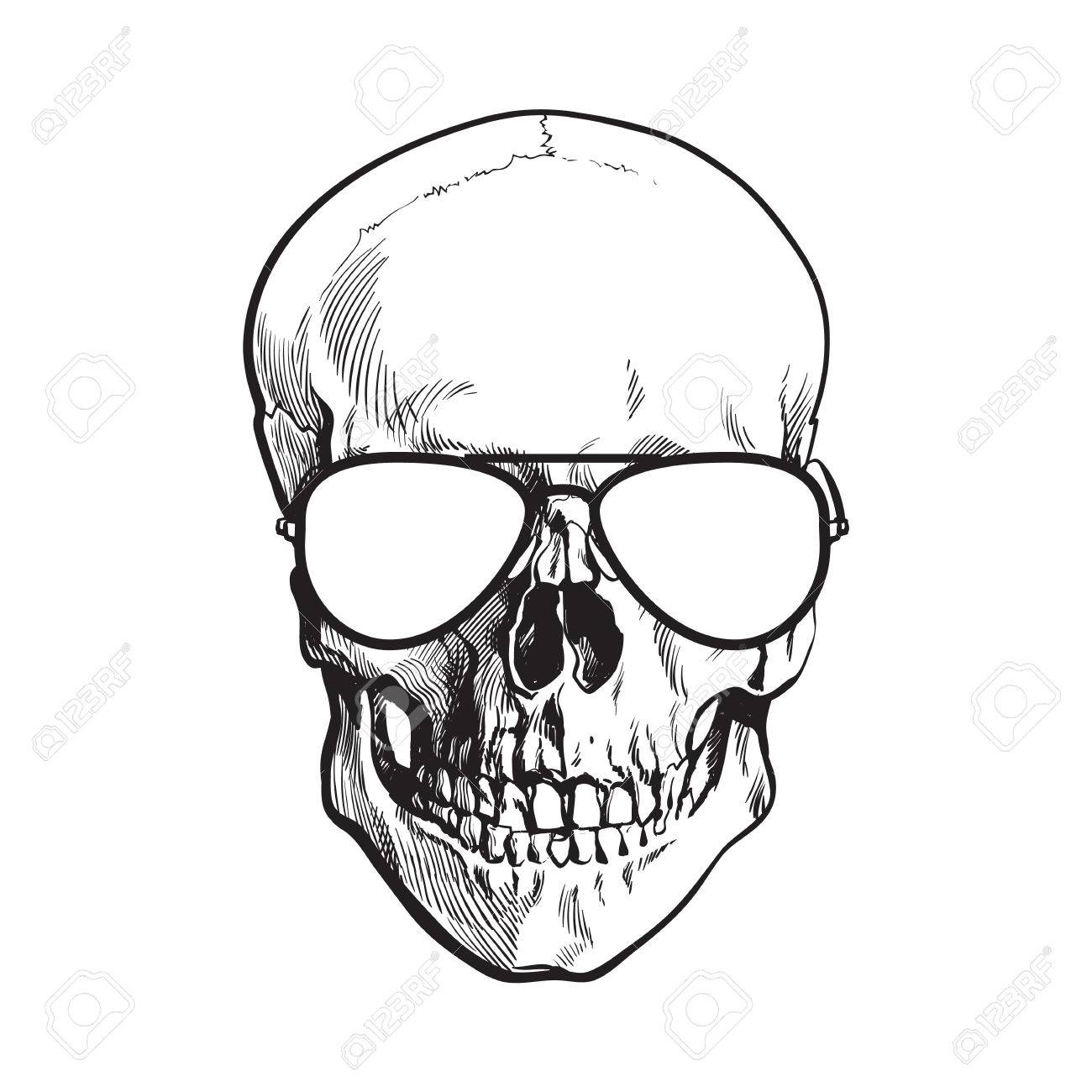 1300x1300 Hand Drawn Human Skull Wearing Black And White Aviator Sunglasses