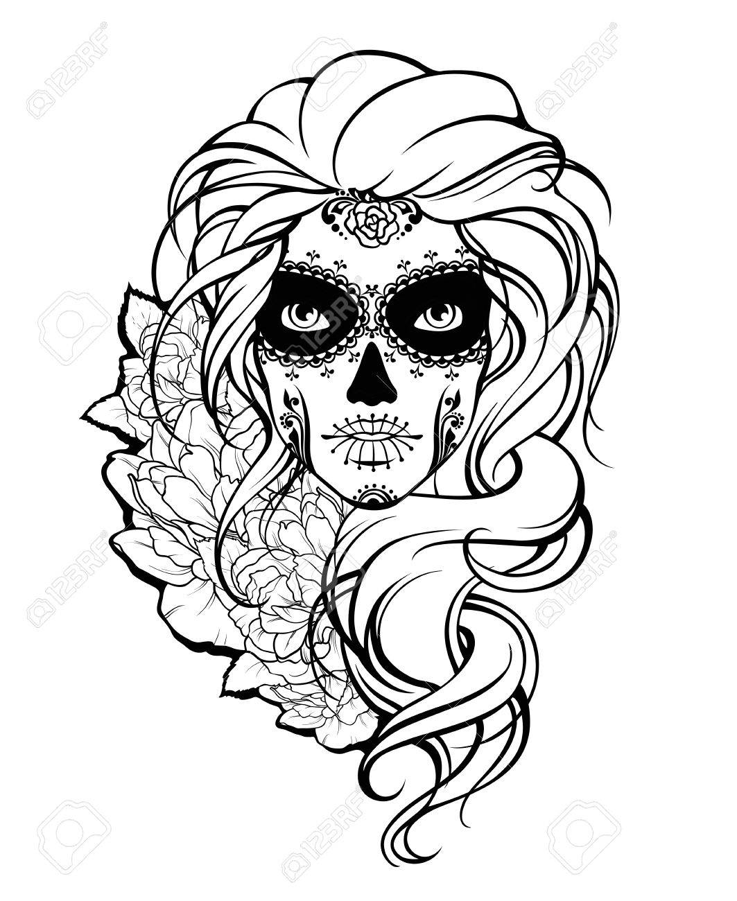 1063x1300 Skull Girl And Flowers. Black And White Illustration Royalty Free