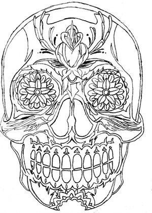 300x422 Mexican Skull Sleeve Outline Drawing Tattoo Designs