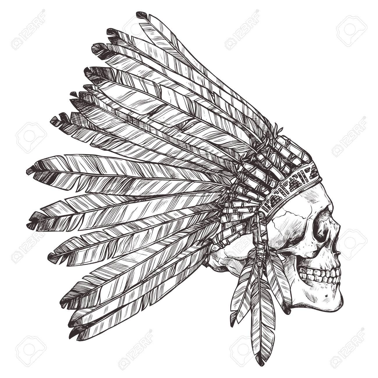 1299x1300 Hand Drawing Of Native American Indian Headdress With Human Skull