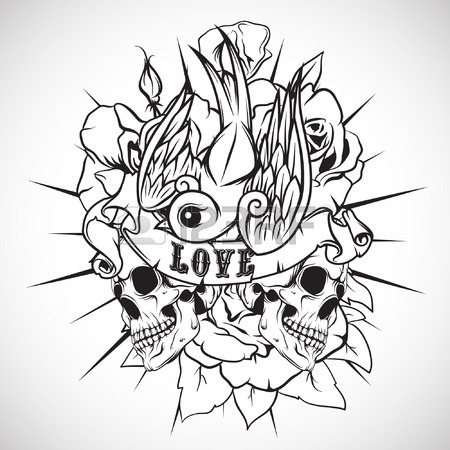 450x450 Old School Styled Tattoo With A Swallow, Banner And Rose Royalty