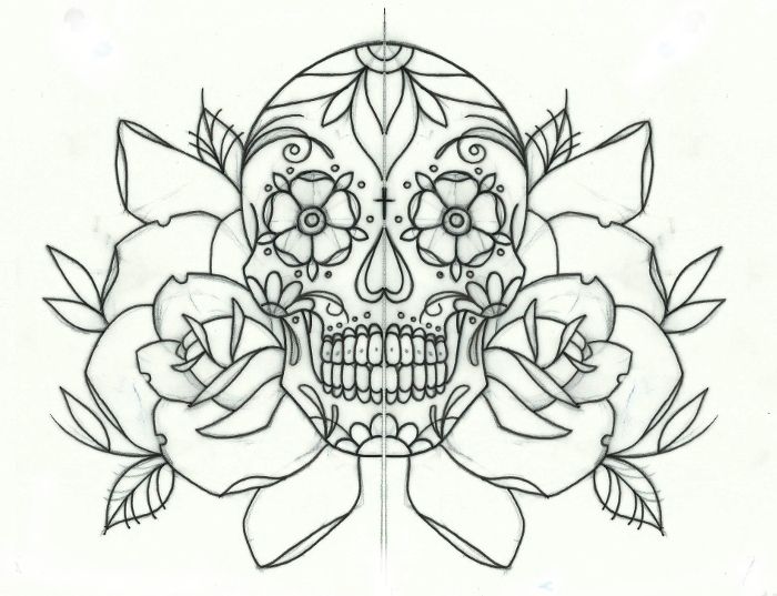 700x537 Sugar Candy Skull And Roses Tattoo Design By Thirteen7s