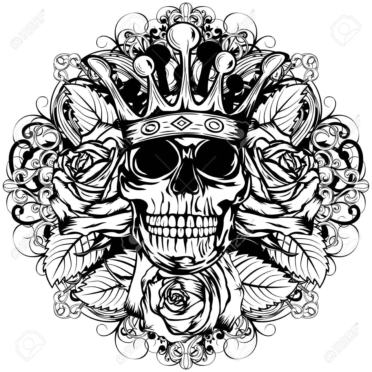 1300x1300 Vector Illustration Human Death Skull In Crown With Roses Royalty