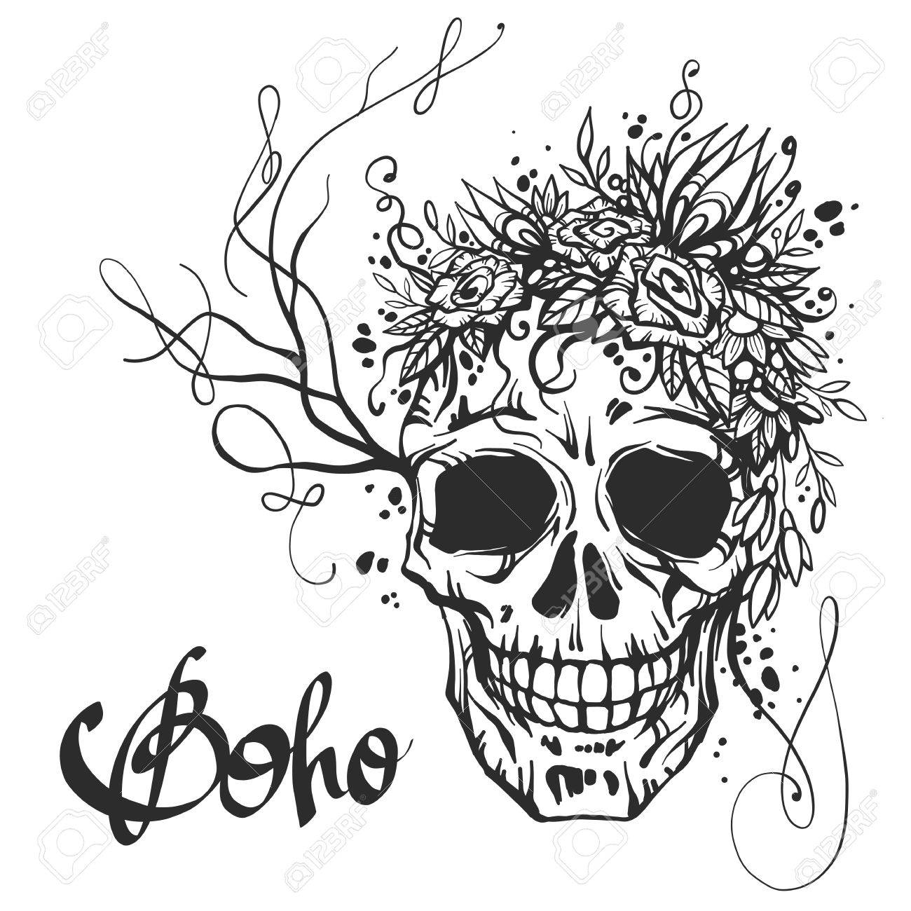 1300x1300 Human Skull With Flower Wreath Of Roses And Wild Flowers