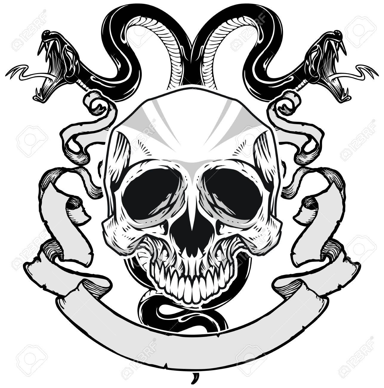 1287x1300 Skull With Double Headed Snake And Ribbon Royalty Free Cliparts