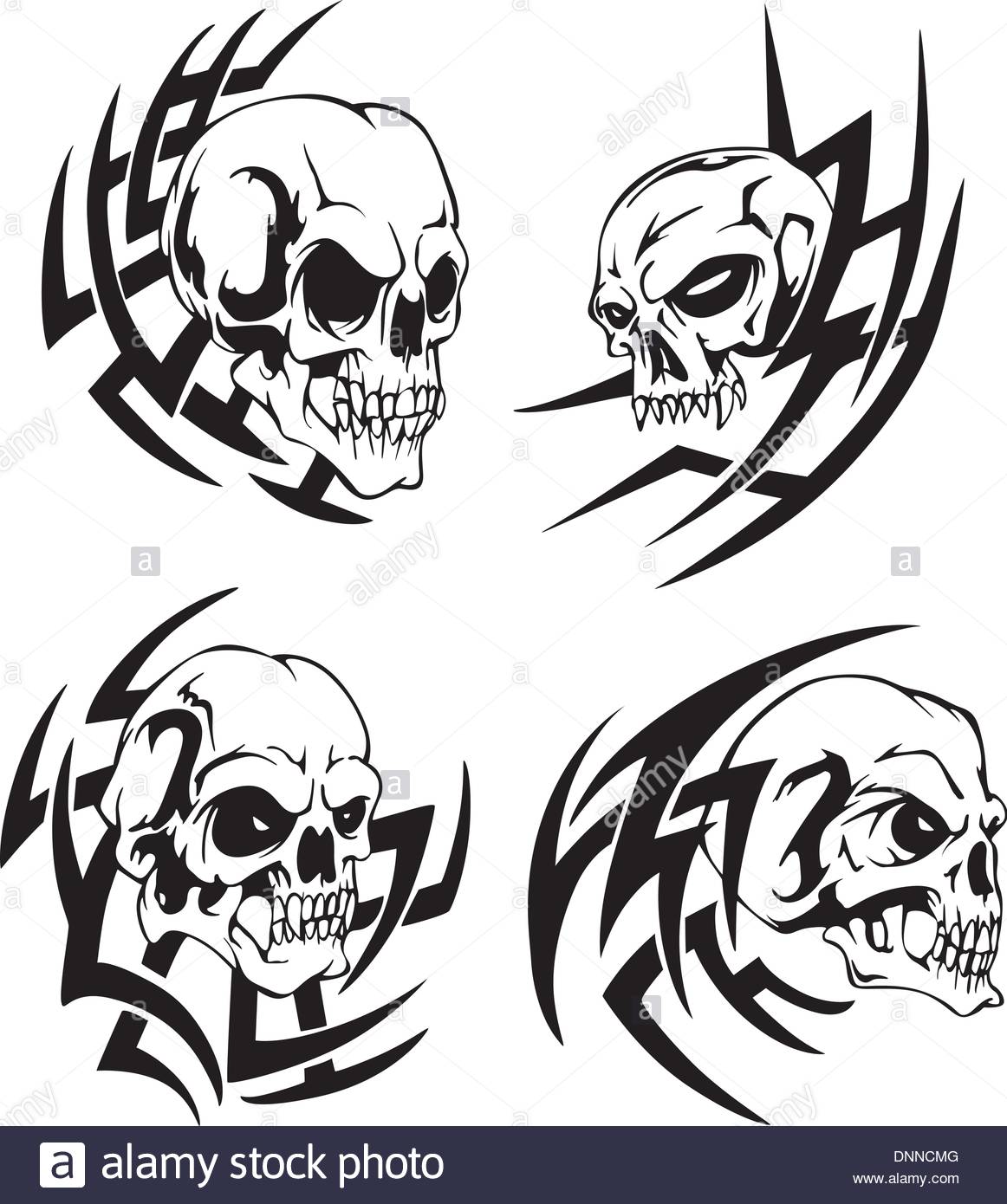 1162x1390 Skull Tattoos. Set Of Black And White Vector Illustrations Stock