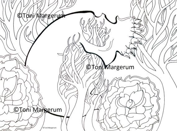 570x422 Digital Download Skull Tree And Roses, Instant Coloring Page