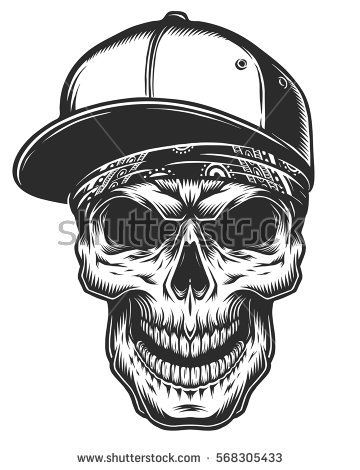 360x470 Illustration Of The Skull In Bandana And Baseball Cap. Monochrome