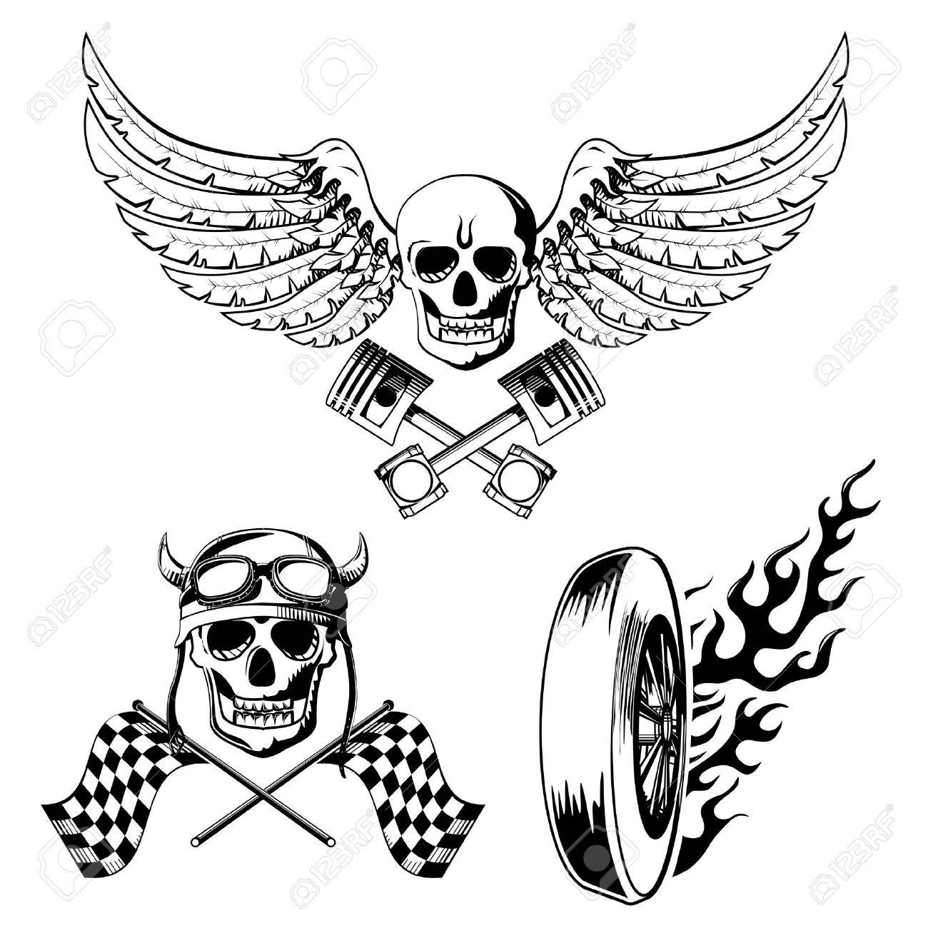 1300x1300 Motorcycle Bike Labels Set With Skull Flames And Flag Illustration
