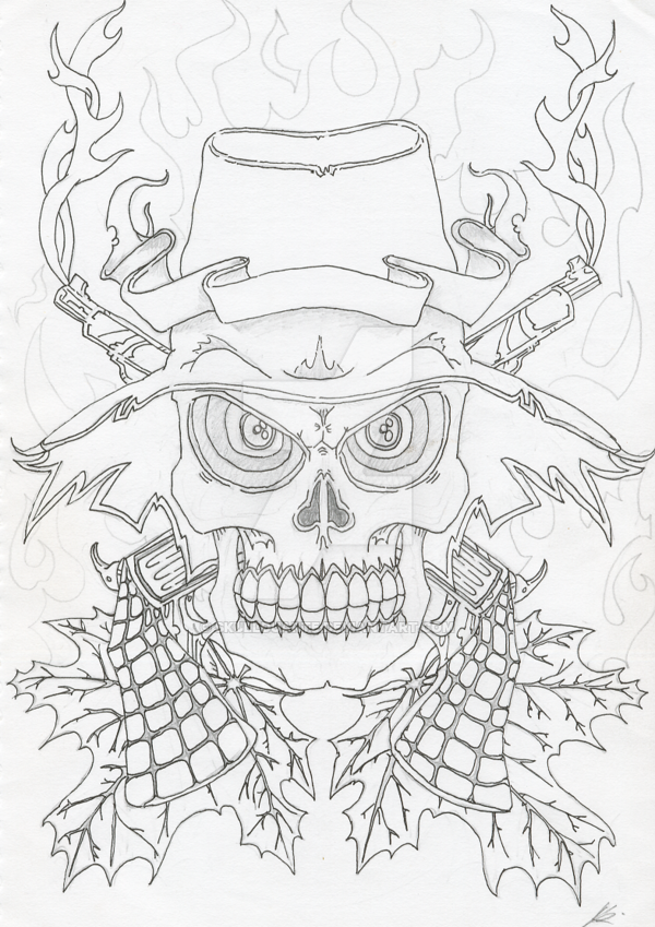 600x849 Skull, Hat And Flames By Skullduarte