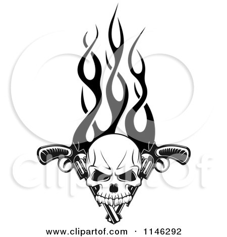 450x470 Clipart Of A Black And White Skull Over Pistols And Flames