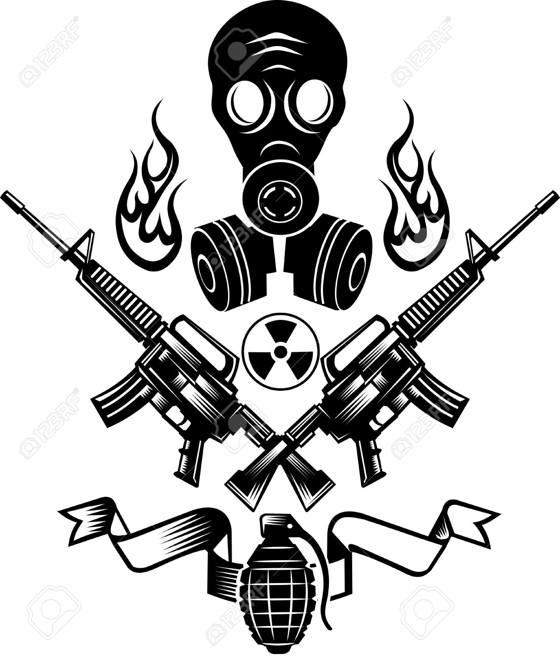 1105x1300 Guns And Grenade Bomb. Tattoo Combat Gas Mask Royalty Free
