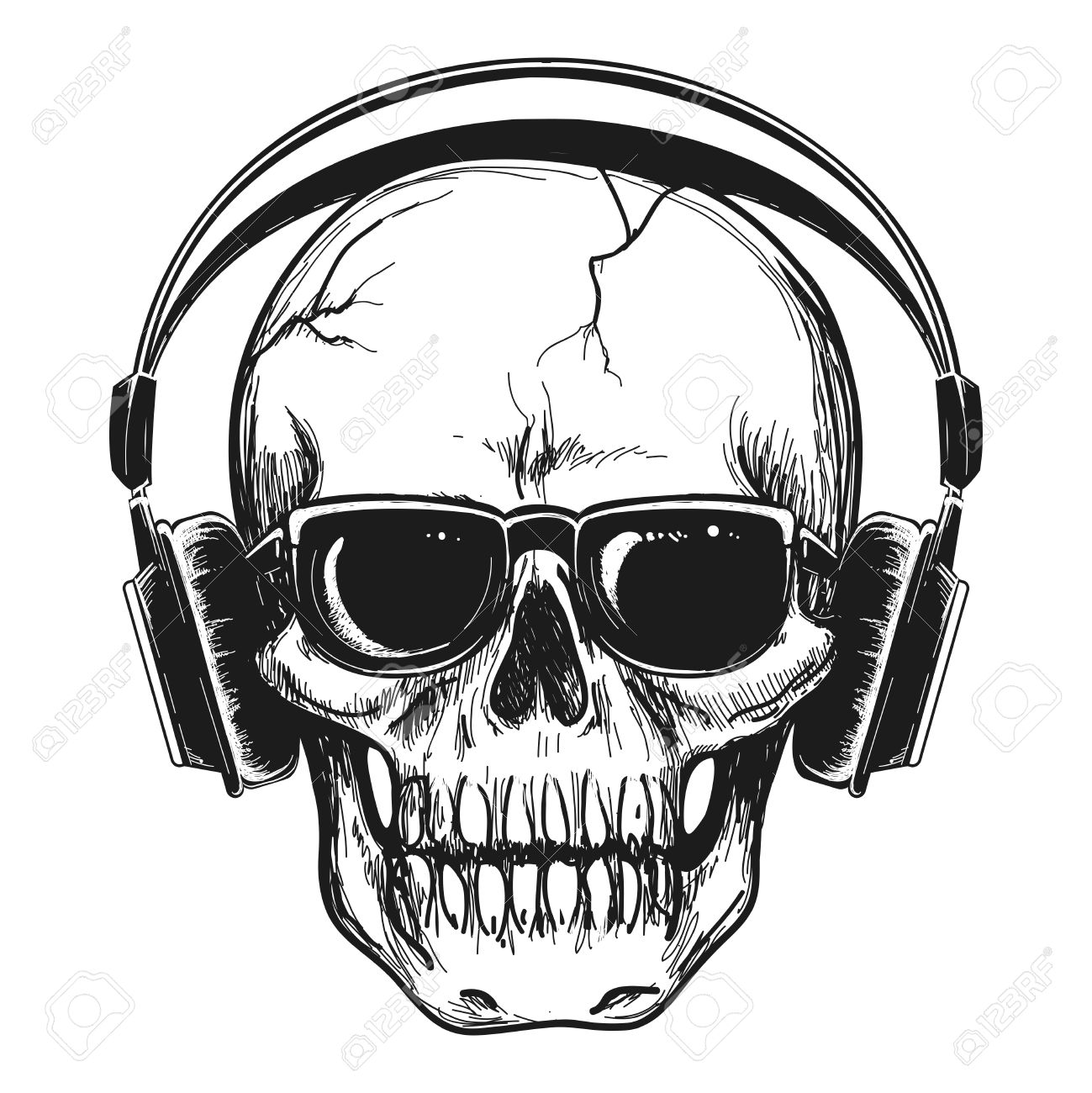 1299x1300 Human Skull With Headphones And Sunglasses Enjoying Music Vector