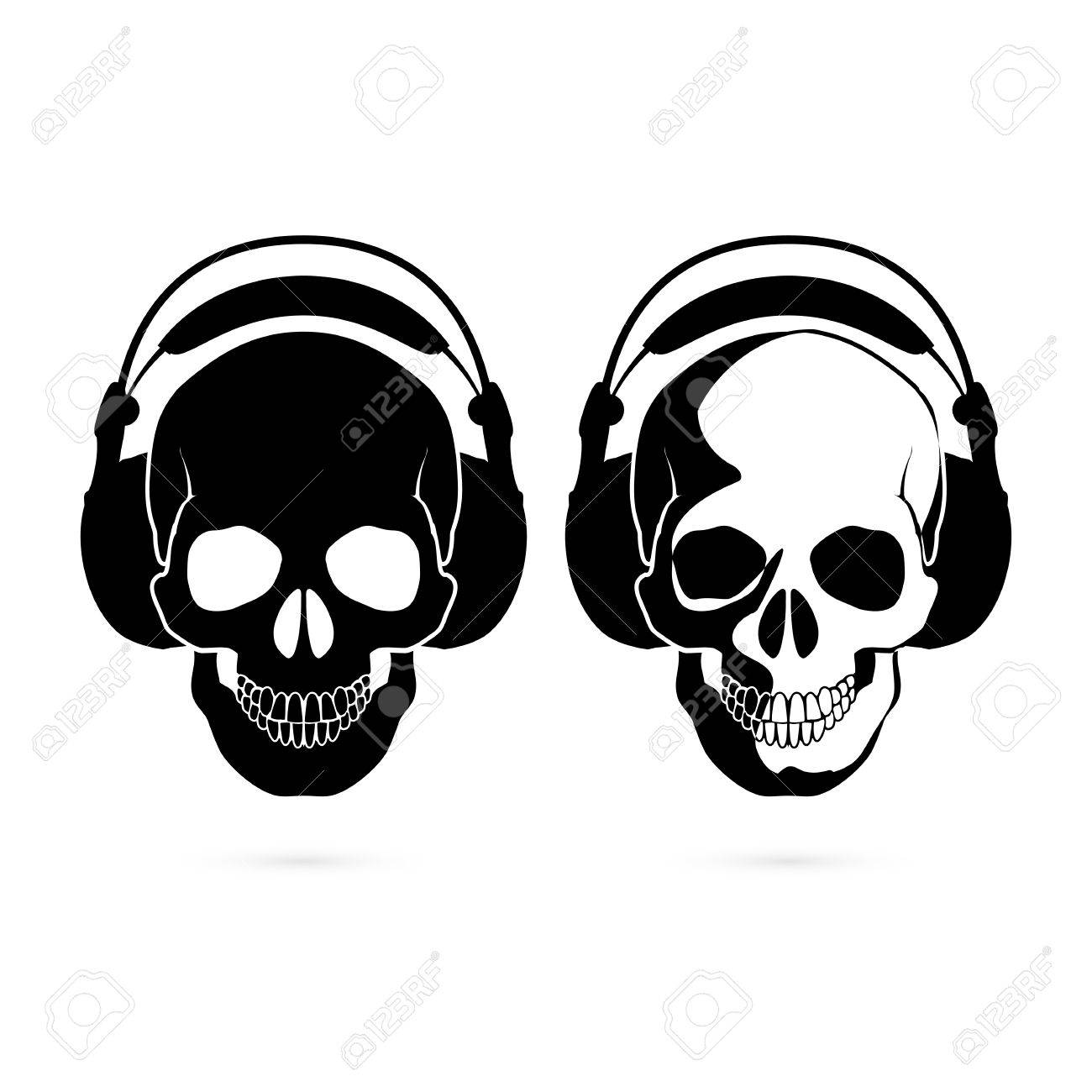 1300x1300 Two Black And White Skulls With Headphone. Music Fan Royalty Free
